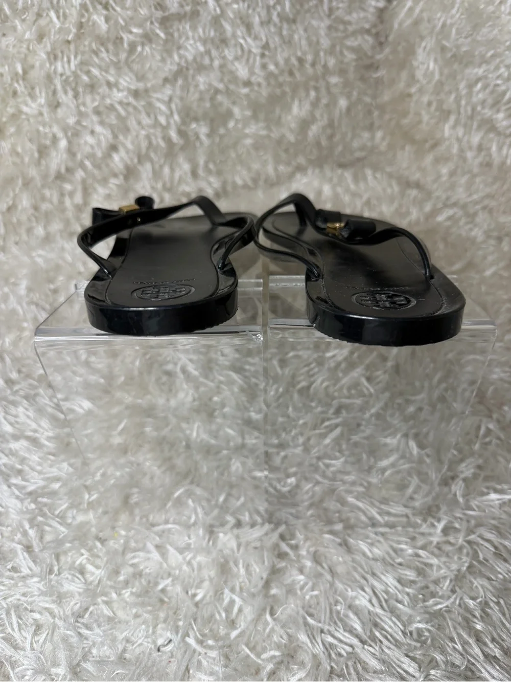 Tory Burch Black Jelly Bow Thong Sandals with Gold Logo Accent